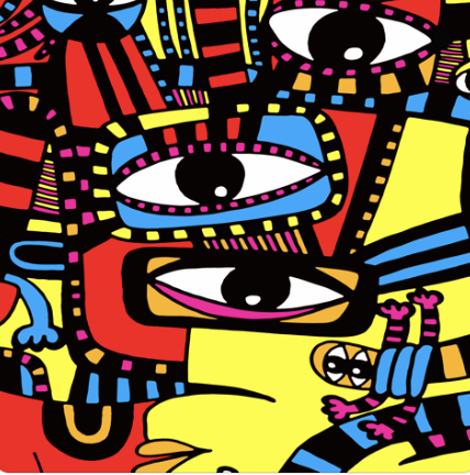 Bold black and white illustrative artwork featuring abstract faces, eyes, and decorative patterns. Example of dense, detailed original artwork that translates beautifully to silk scarf production.