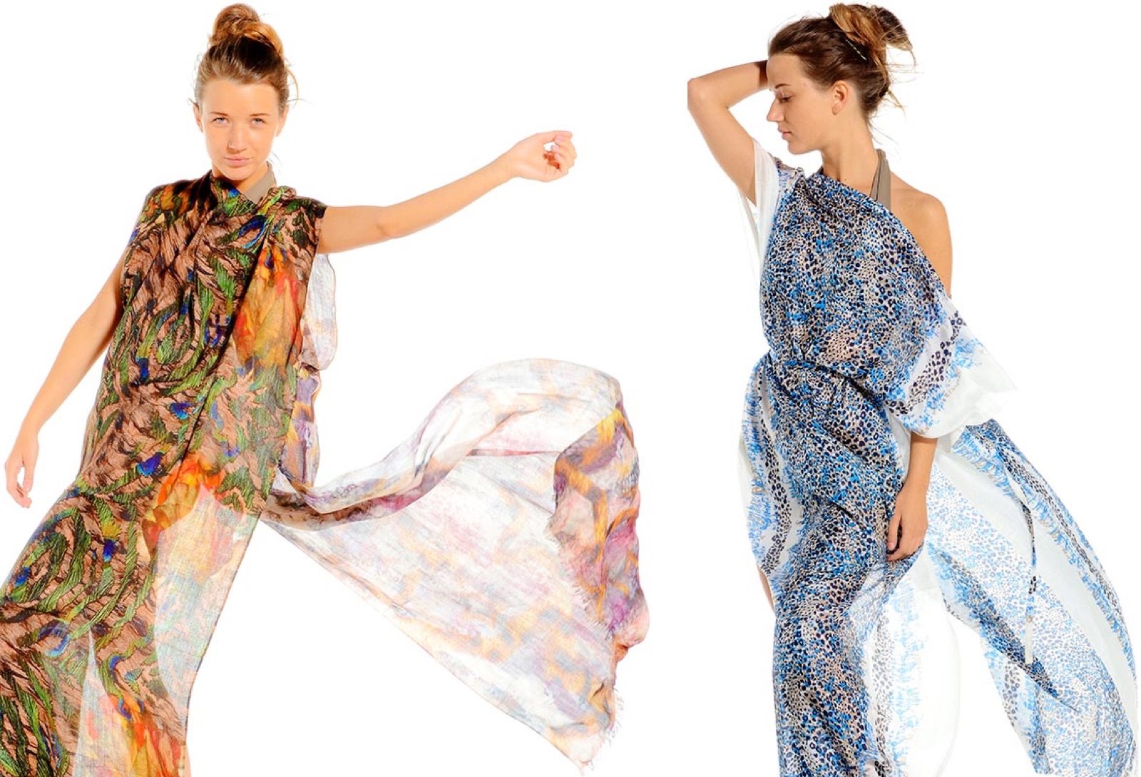 Marketing image of silk scarves in peacock and leopard prints for Ahume.