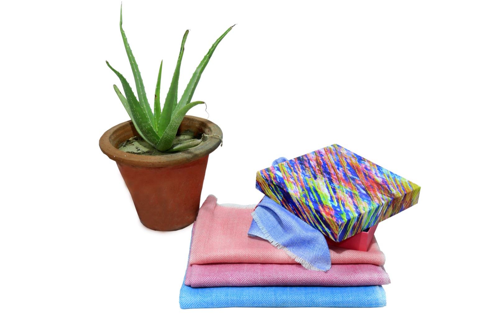 Bespoke colourburst gift box created to house the herringbone wool scarf.
