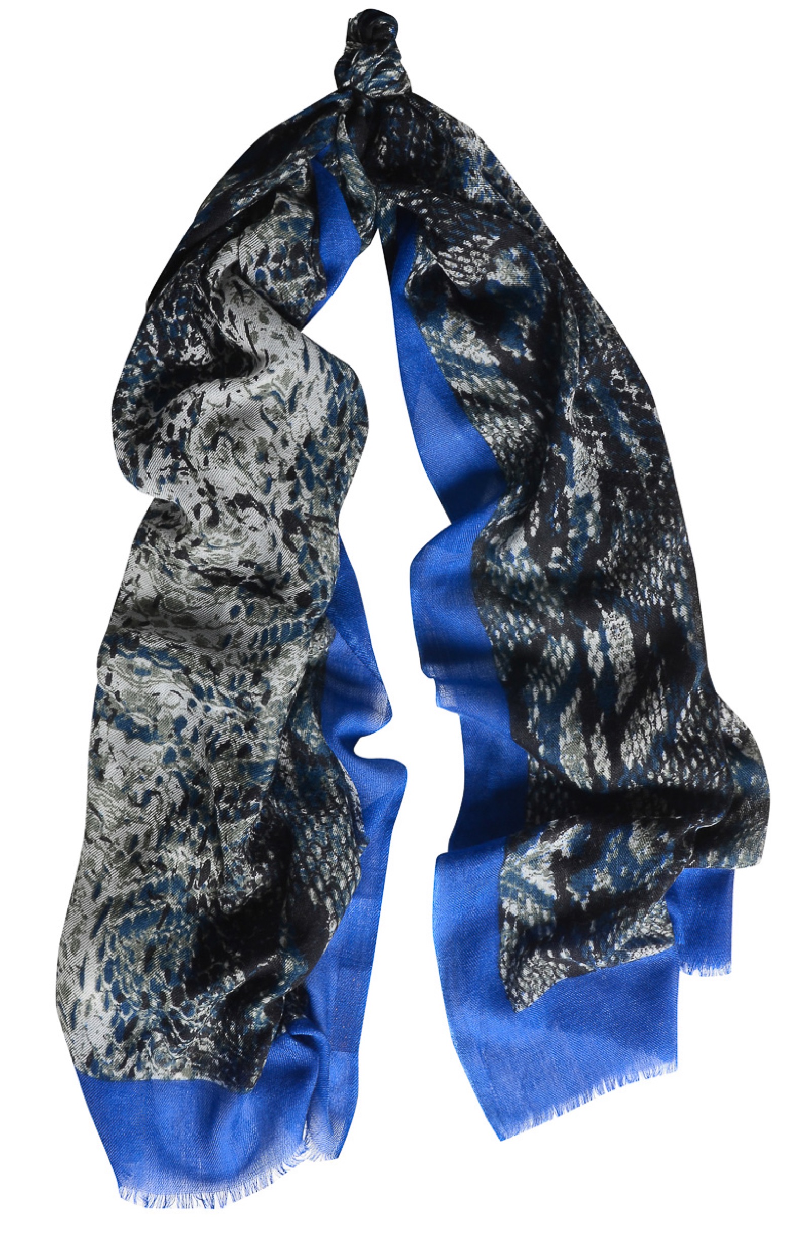 Cobalt blue cashmere scarf with python-print border.